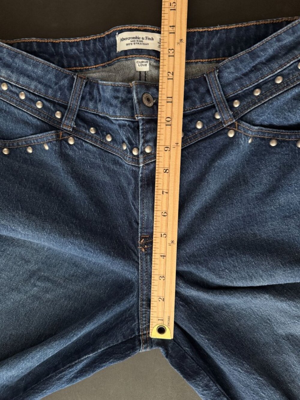 Abercrombie & Fitch Curve Love Mid Rise 90s Straight Studded Jeans Dark Wash Siz - Picture 7 of 14